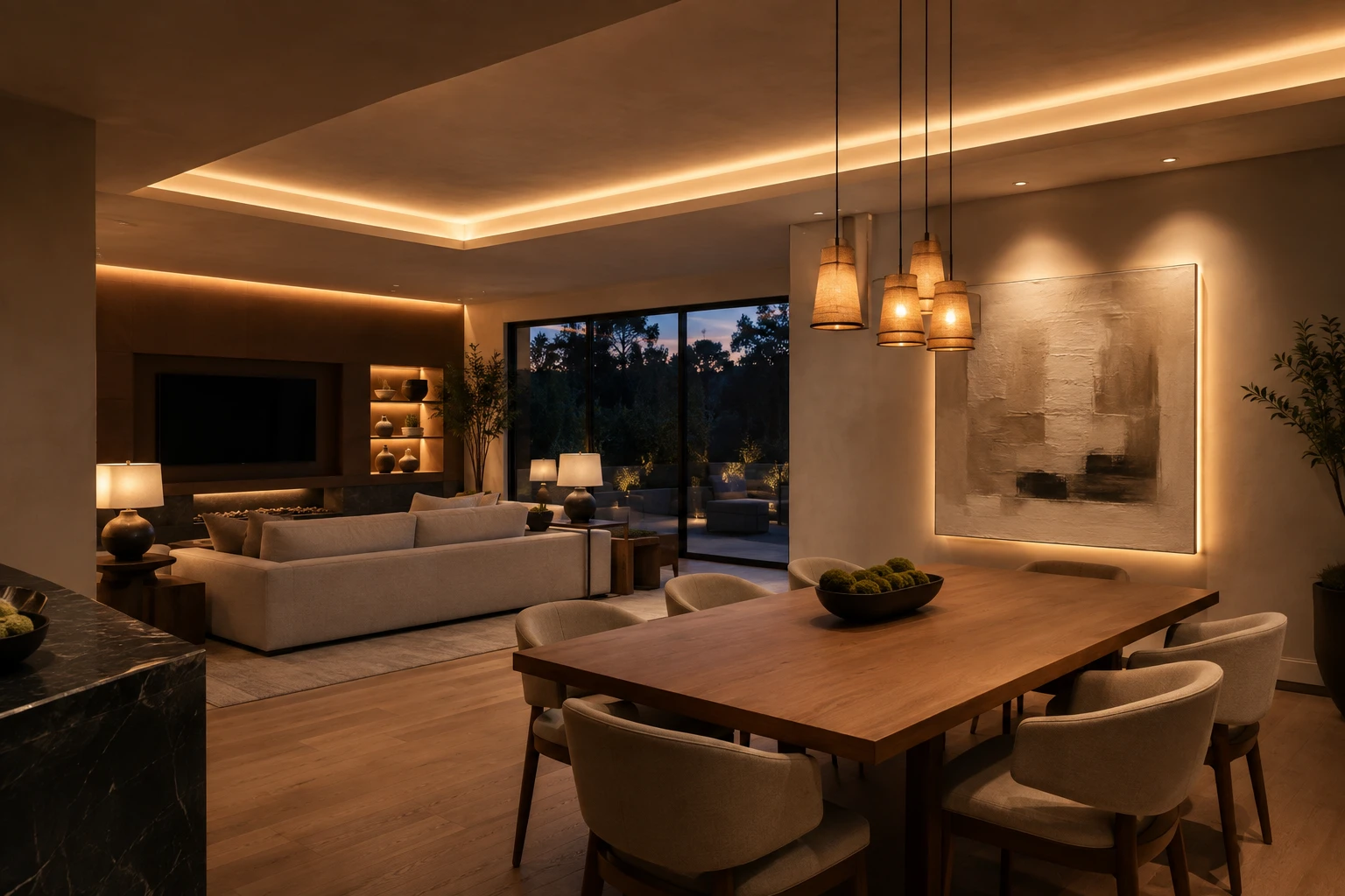 Modern living space with warm integrated lighting